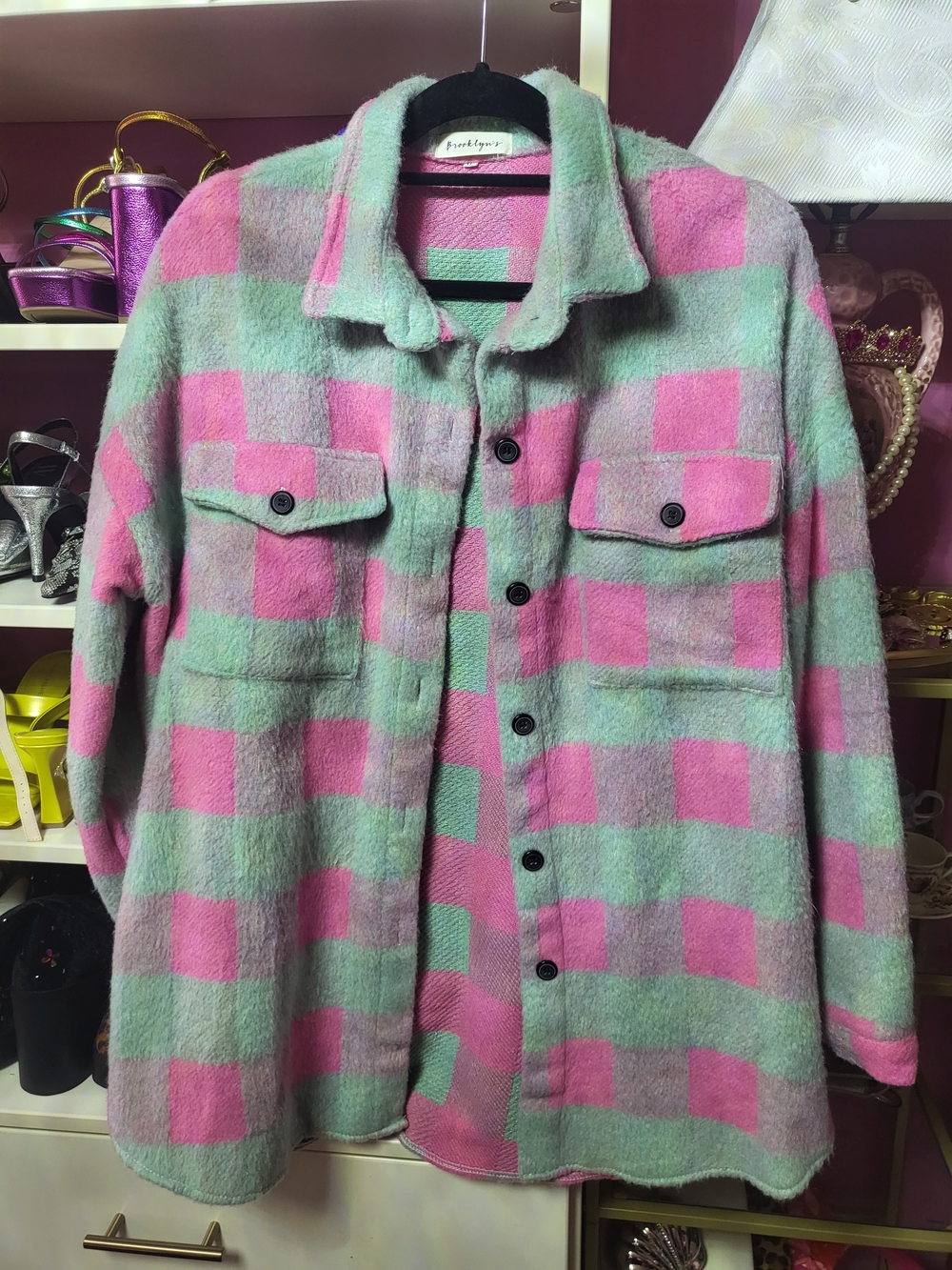 Pastel Pink & Mint Checked Button-Up Shacket